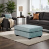 Berrie Ottoman, Teal Blue Polyester Cushioned Top, Black Wood, 40 Inch