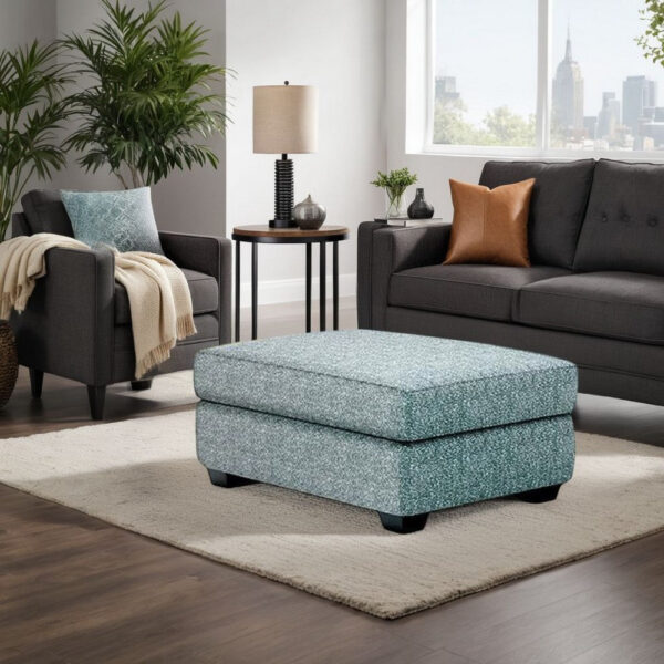 Berrie Ottoman, Teal Blue Polyester Cushioned Top, Black Wood, 40 Inch