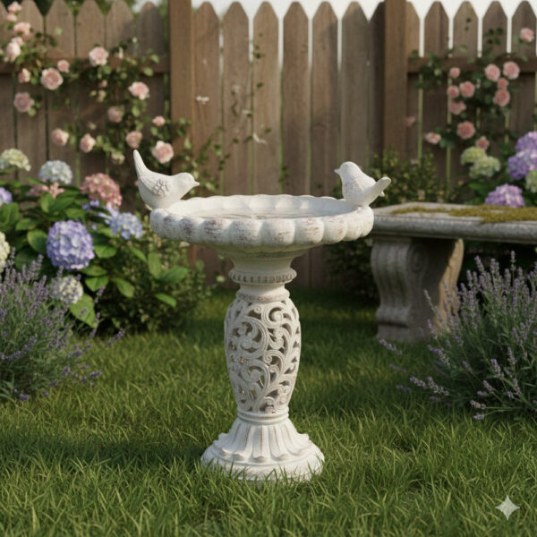 Niam Bird Bath Sculpture, 26 Inch Weathered White Scrolled Resin