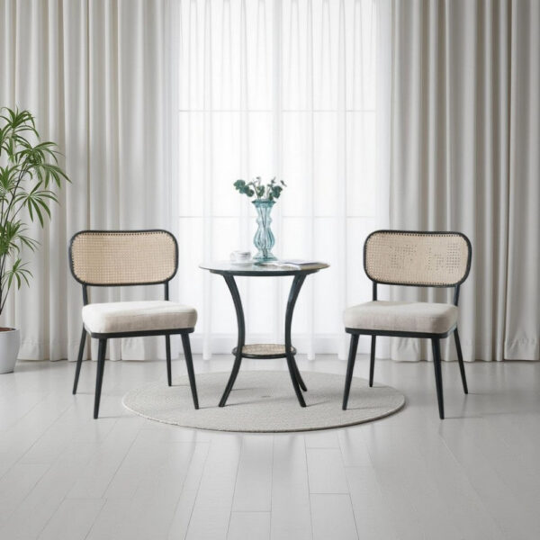 Col 3pc Accent Table and Chair Set, Black Legs, Glass Top, Padded Seat