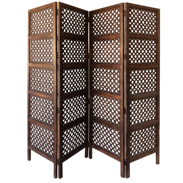 BM01876 Decorative Four Panel Mango Wood Hinged Room Divider with Circular Cutout Design, Brown