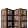 BM01876_1 Decorative Four Panel Mango Wood Hinged Room Divider with Circular Cutout Design, Brown
