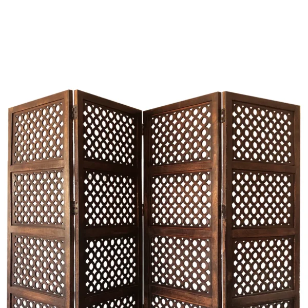 BM01876_1 Decorative Four Panel Mango Wood Hinged Room Divider with Circular Cutout Design, Brown