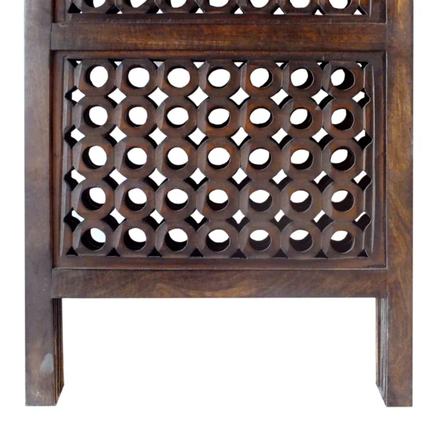 BM01876_2 Decorative Four Panel Mango Wood Hinged Room Divider with Circular Cutout Design, Brown