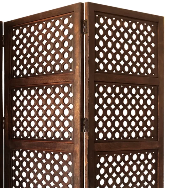 BM01876_3 Decorative Four Panel Mango Wood Hinged Room Divider with Circular Cutout Design, Brown