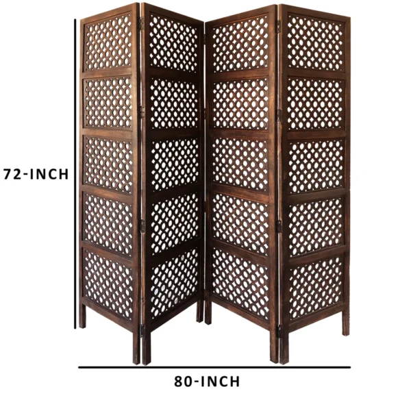 BM01876_4 Decorative Four Panel Mango Wood Hinged Room Divider with Circular Cutout Design, Brown