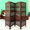 BM01876_5 Decorative Four Panel Mango Wood Hinged Room Divider with Circular Cutout Design, Brown