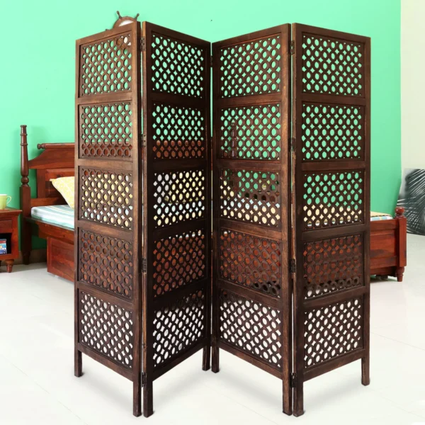 BM01876_5 Decorative Four Panel Mango Wood Hinged Room Divider with Circular Cutout Design, Brown