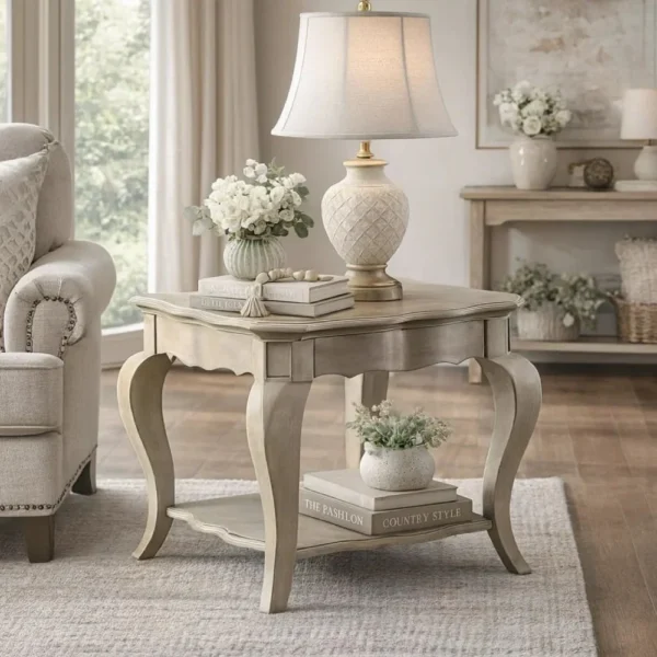 Wooden End Table with Lower Shelf in Antique Taupe Silver Finish