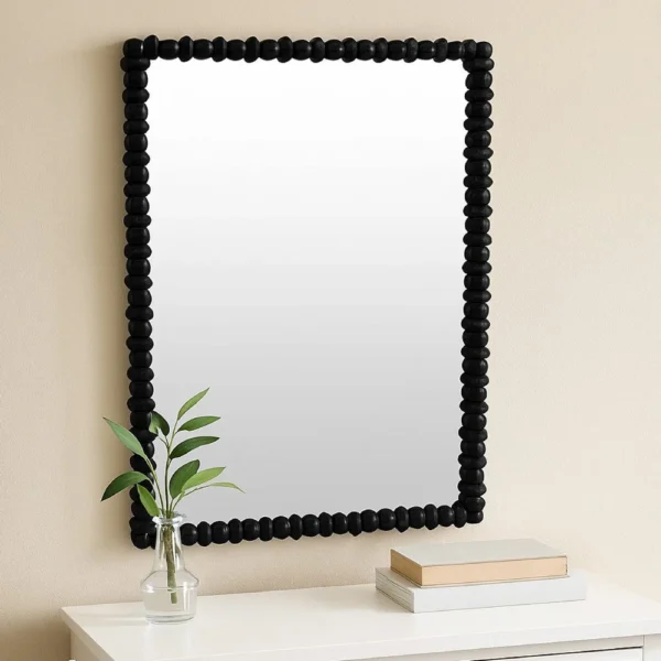 BM334811_5 Perz Wall Mirror, 42 Inch, Square Frame, Black Beaded Wood Frame