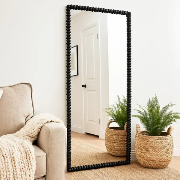 BM334812_5 Perz Floor Mirror, 72 Inch, Rectangular Shaped Black Beaded Wood Frame