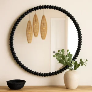 Perz Wall Mirror, 36 Inch Round with Black Beaded Wood Frame