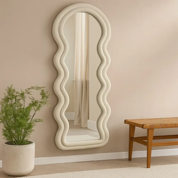 BM334814_5 Izy Floor Mirror, 63 Inch, Light Beige Wavy Abstract Frame, Wood