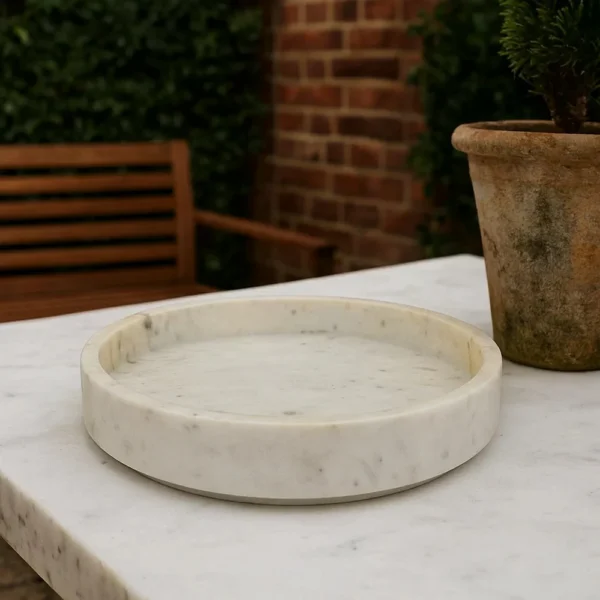 BM334819_6 Accent Decorative Bowl, Tray Edge Antique Style White Marble, 13 Inch