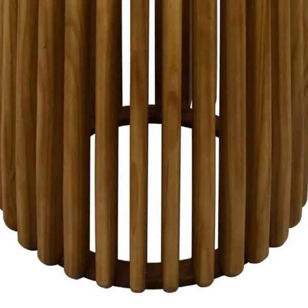 Gexy Side End Table, 18 Inch Marble Top, Slatted Drum Base, Brown