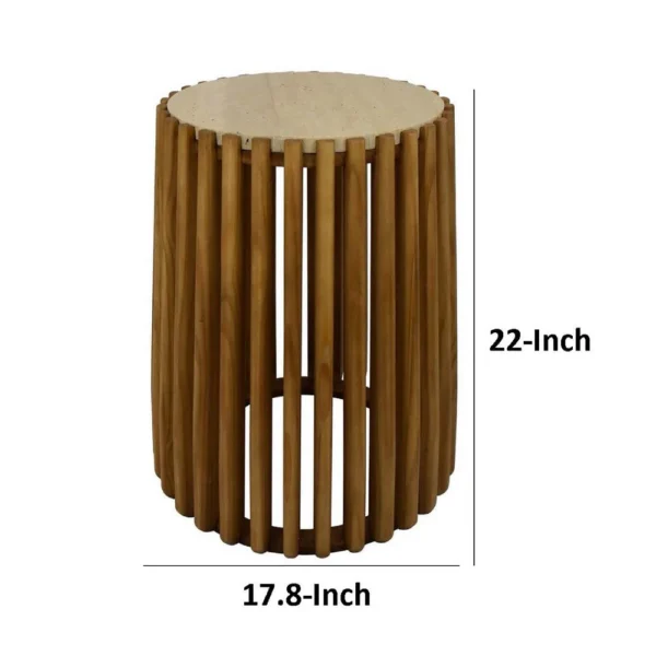 Gexy Side End Table, 18 Inch Marble Top, Slatted Drum Base, Brown