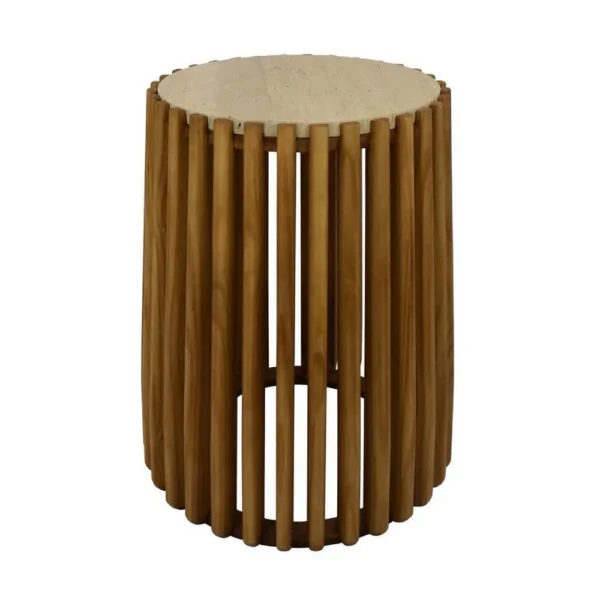 Gexy Side End Table, 18 Inch Marble Top, Slatted Drum Base, Brown