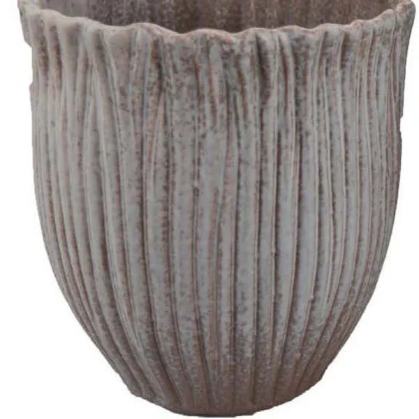 Decorative Planter Set of 2, Ribbed Texture Gray Ceramic Body