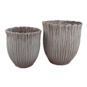 Decorative Planter Set of 2, Ribbed Texture Gray Ceramic Body