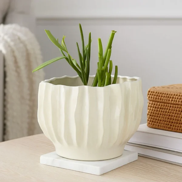 BM334886_5 Esam Decorative Planter, Textured Ceramic Body, 19 Inch White