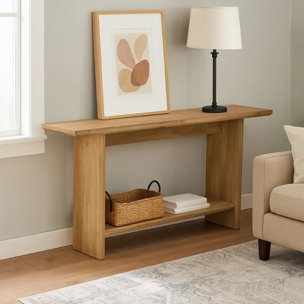BM334910_5 Console Table, Long Rectangular Top, 1 Shelf, 71 Inch Light Brown Wood