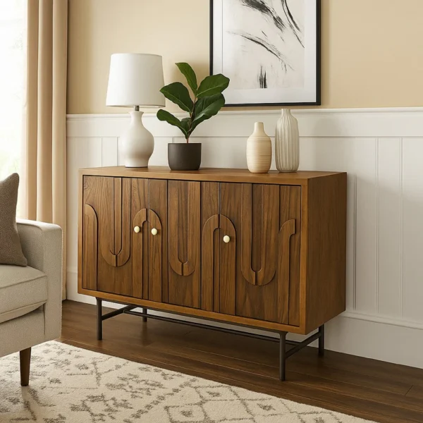 Storage Cabinet Console, 3 Doors, U Shaped Carved 47 Inch Brown Wood