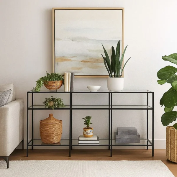 Woly Plant Stand Rack, 2 Glass Shelves, 59 Inch Industrial Black Metal