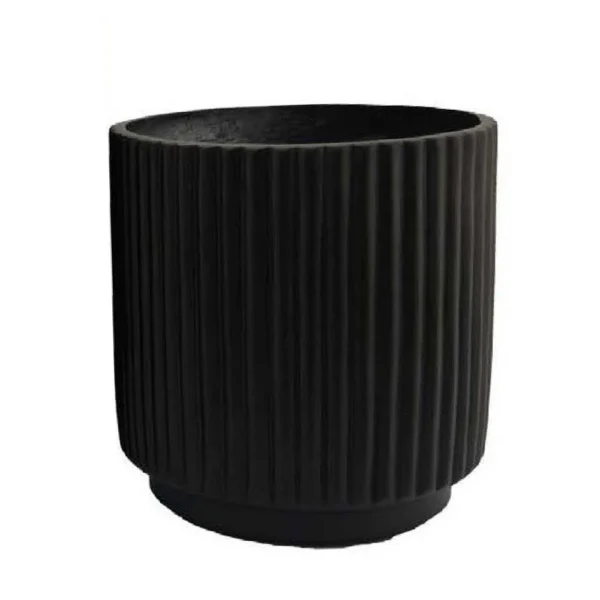 Elly Round Planter Set of 3, Ribbed Texture Black Resin, 16,12,9 Inch