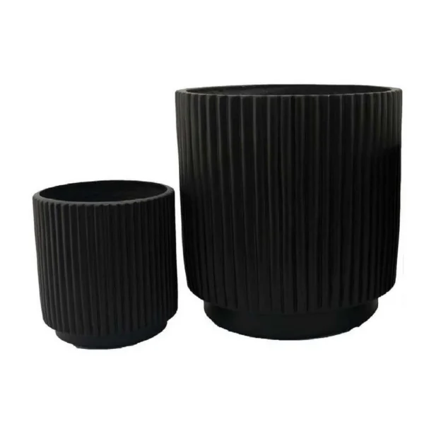 Elly Round Planter Set of 3, Ribbed Texture Black Resin, 16,12,9 Inch