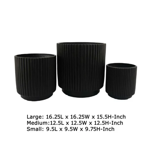 Elly Round Planter Set of 3, Ribbed Texture Black Resin, 16,12,9 Inch
