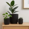 Elly Round Planter Set of 3, Ribbed Texture Black Resin, 16,12,9 Inch