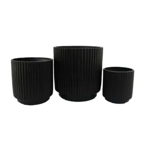 Elly Round Planter Set of 3, Ribbed Texture Black Resin, 16,12,9 Inch