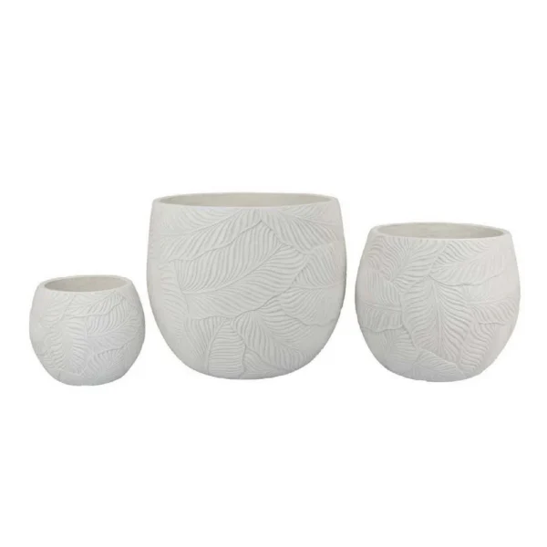 Sally Planter Set of 3, Round Intricate Leaf White Resin 17 13 9 Inch