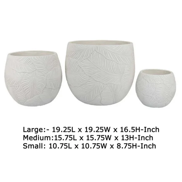 Sally Planter Set of 3, Round Intricate Leaf White Resin 17 13 9 Inch