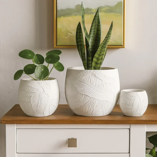 Sally Planter Set of 3, Round Intricate Leaf White Resin 17 13 9 Inch