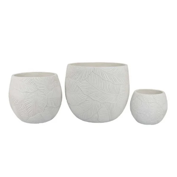 Sally Planter Set of 3, Round Intricate Leaf White Resin 17 13 9 Inch
