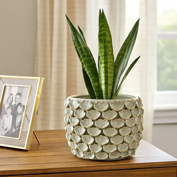 Aster Accent Planter w Raised Petal Pattern Blue Green Ceramic 10 Inch