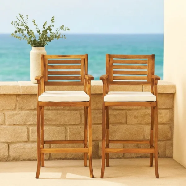 BM335116_5 Olen Outdoor Barstool Chair Set of 2, Beige Polyester Brown Solid Wood
