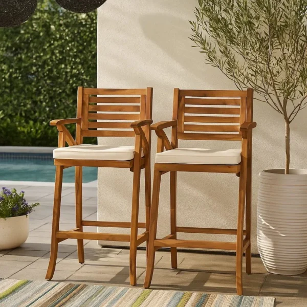 BM335116_6 Olen Outdoor Barstool Chair Set of 2, Beige Polyester Brown Solid Wood