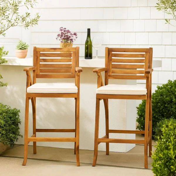BM335116_7 Olen Outdoor Barstool Chair Set of 2, Beige Polyester Brown Solid Wood