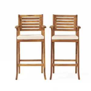 Olen Outdoor Barstool Chair Set of 2, Beige Polyester Brown Solid Wood
