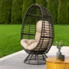BM335118_5 Swivel Outdoor Egg Chair, Brown PE Woven Rattan, Iron, Beige Polyester
