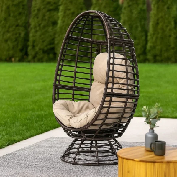 BM335118_5 Swivel Outdoor Egg Chair, Brown PE Woven Rattan, Iron, Beige Polyester