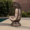 BM335118_6 Swivel Outdoor Egg Chair, Brown PE Woven Rattan, Iron, Beige Polyester