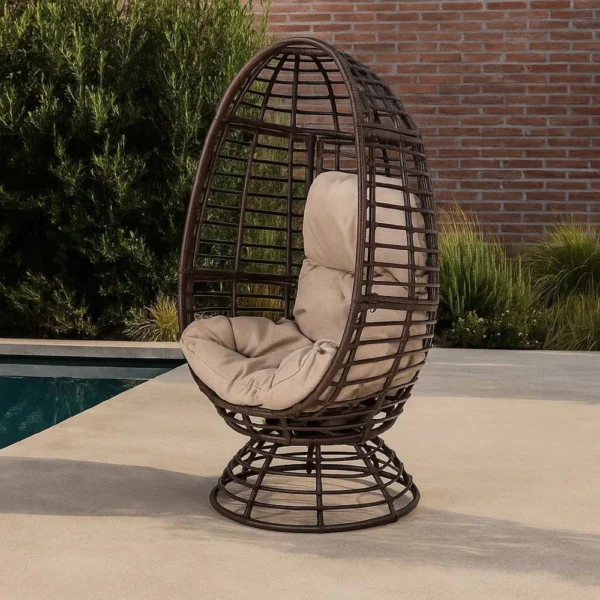 BM335118_6 Swivel Outdoor Egg Chair, Brown PE Woven Rattan, Iron, Beige Polyester