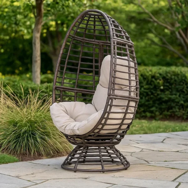 BM335118_7 Swivel Outdoor Egg Chair, Brown PE Woven Rattan, Iron, Beige Polyester