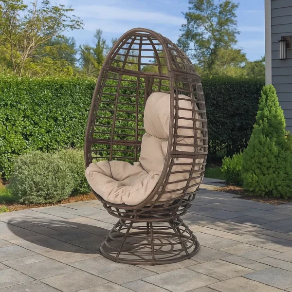 BM335118_8 Swivel Outdoor Egg Chair, Brown PE Woven Rattan, Iron, Beige Polyester