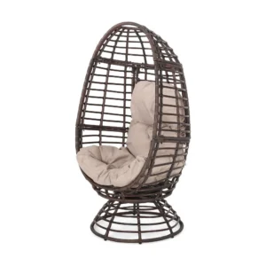 Swivel Outdoor Egg Chair, Brown PE Woven Rattan, Iron, Beige Polyester