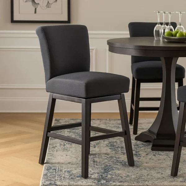 BM335134_5 Swivel Barstool Chair, Modern Charcoal Gray Upholstery. Espresso Brown