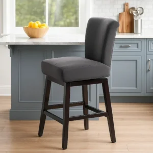 BM335134_6 Swivel Barstool Chair, Modern Charcoal Gray Upholstery. Espresso Brown